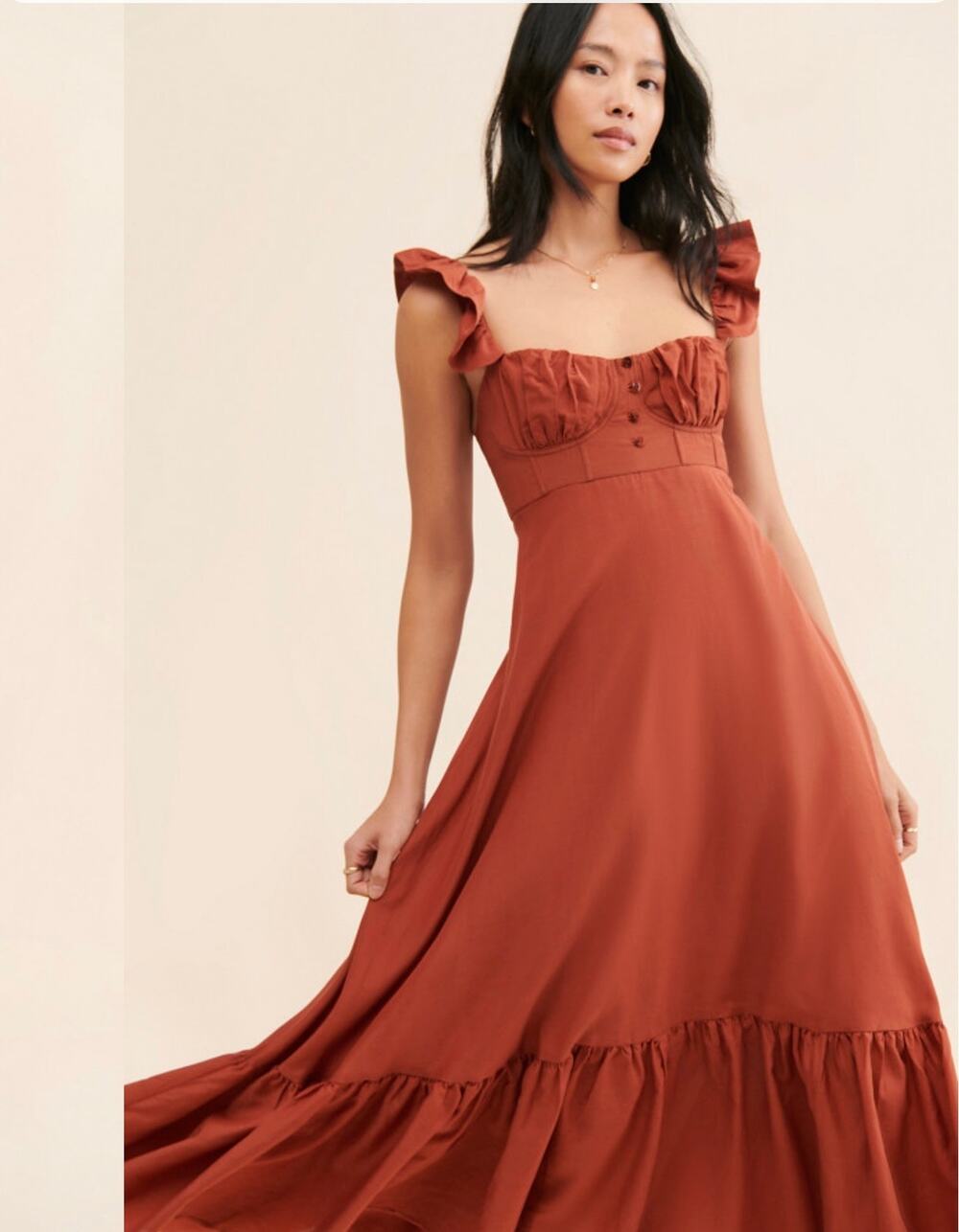 FARM Rio Rust Ruffle Strap Midi Dress | New Without Tags | MSRP $235